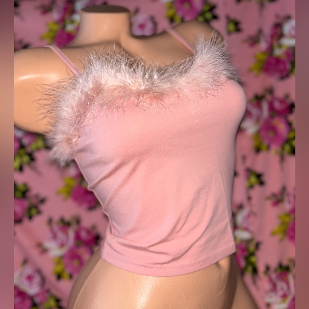 Pink feather boa marabou trim tank top cami shirt club festival rave dancer cute - Picture 2 of 8